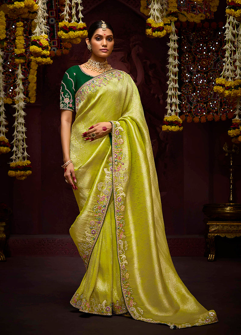 Lime Green Banarasi Silk Zari Woven Embroidered Saree With Contrast Blouse