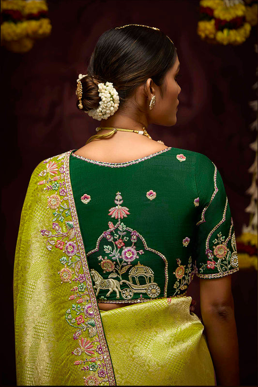 Lime Green Banarasi Silk Zari Woven Embroidered Saree With Contrast Blouse