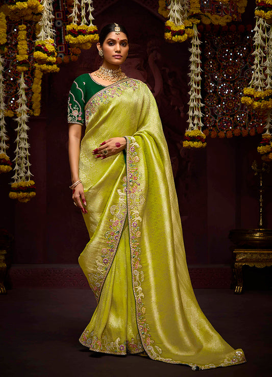 Lime Green Banarasi Silk Zari Woven Embroidered Saree With Contrast Blouse