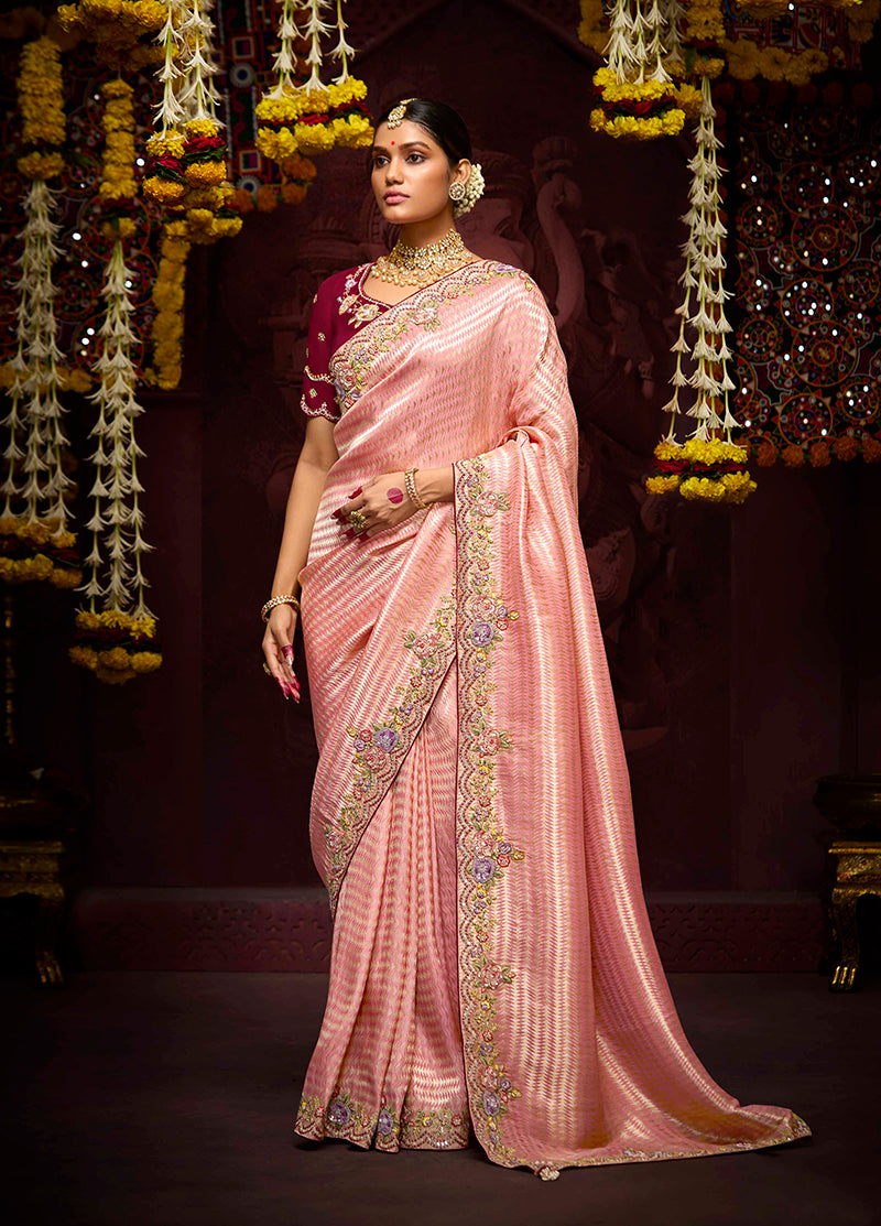 Peach Banarasi Silk Zari Woven Embroidered Saree With Contrast Blouse