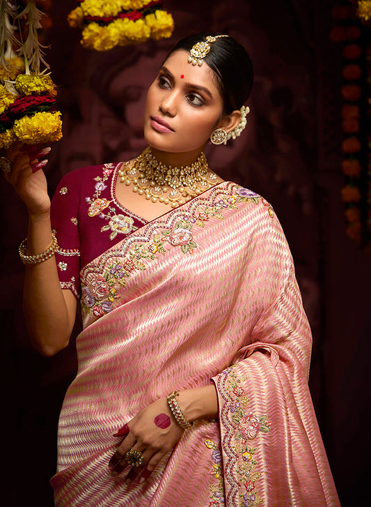 Peach Banarasi Silk Zari Woven Embroidered Saree With Contrast Blouse