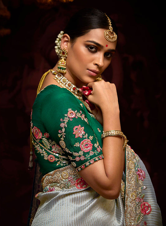Gray Banarasi Silk Zari Woven Embroidered Saree With Contrast Blouse