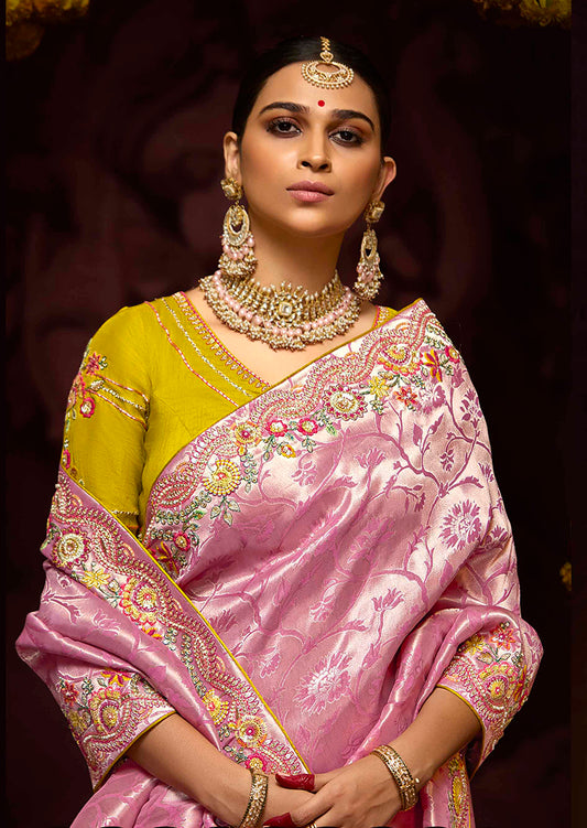 Pink Banarasi Silk Zari Woven Embroidered Saree With Contrast Blouse