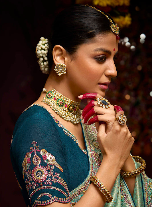 Turquoise Banarasi Silk Zari Woven Embroidered Saree With Contrast Blouse