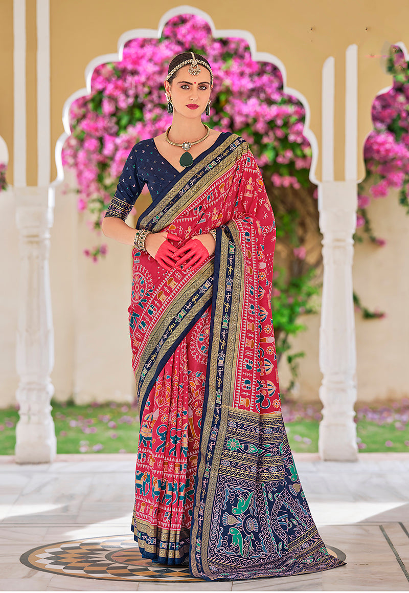 Rani Pink Silk Foil Print Saree