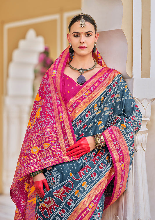 Grey Silk Foil Print Saree