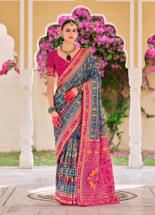 Grey Silk Foil Print Saree