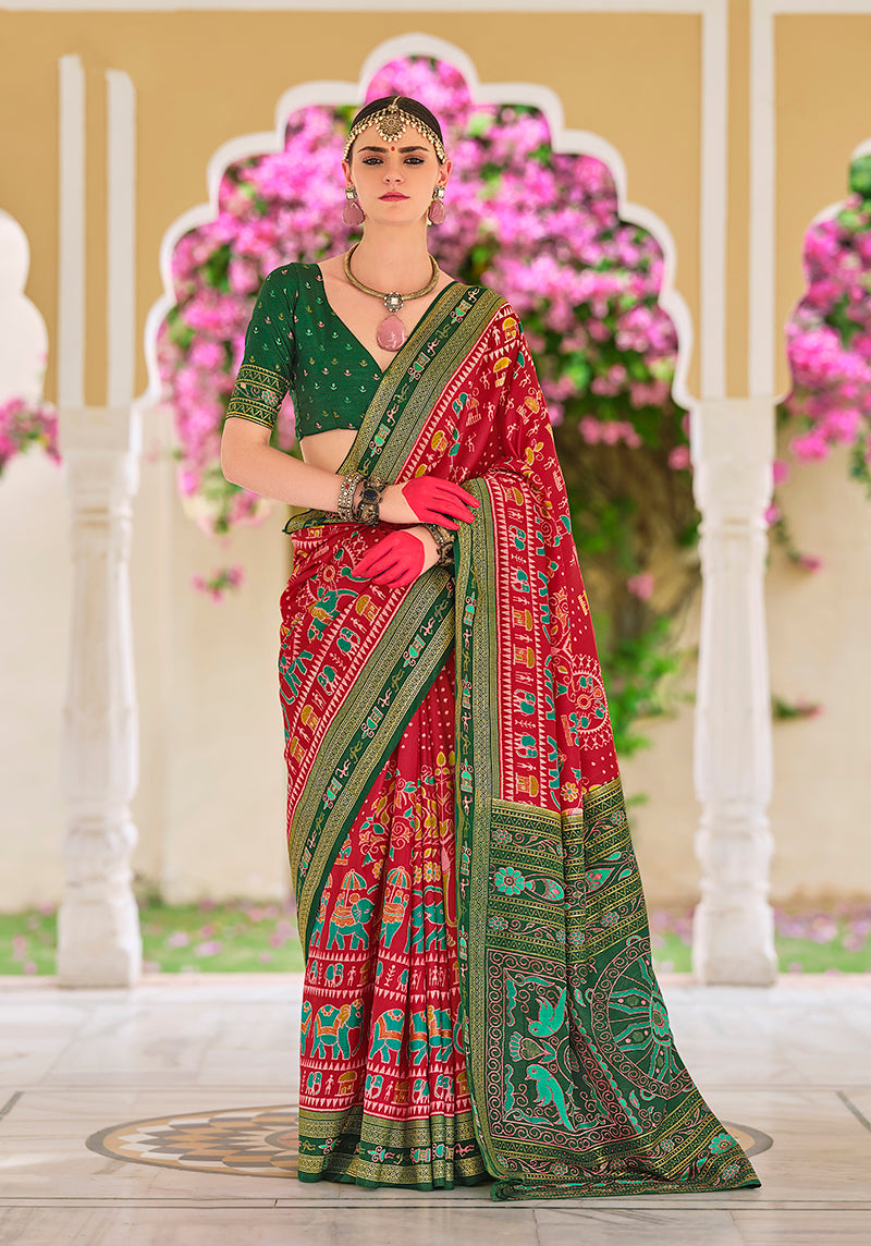 Red Silk Foil Print Saree