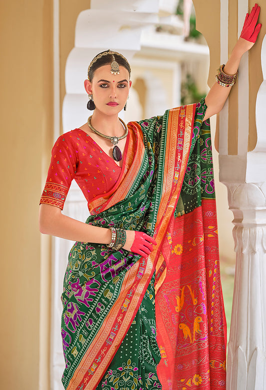 Green Silk Foil Print Saree