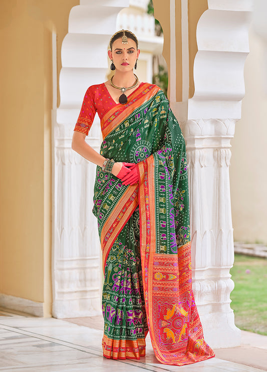 Green Silk Foil Print Saree