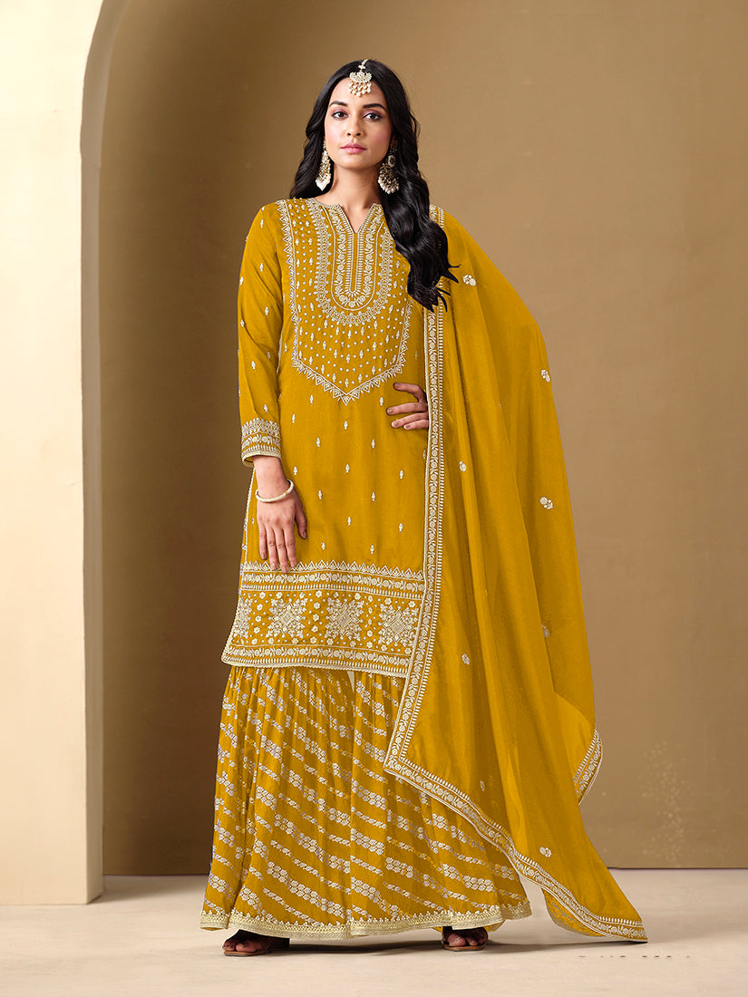 Mustard Art Silk Dola Jacquard Designer Sharara Set