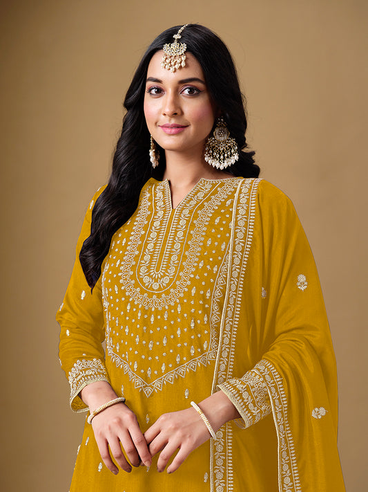 Mustard Art Silk Dola Jacquard Designer Sharara Set