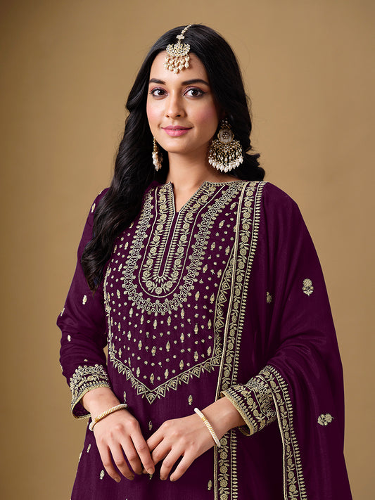 Purple Art Silk Dola Jacquard Designer Sharara Suit