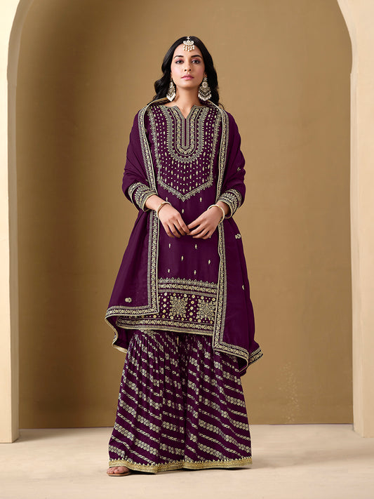 Purple Art Silk Dola Jacquard Designer Sharara Suit