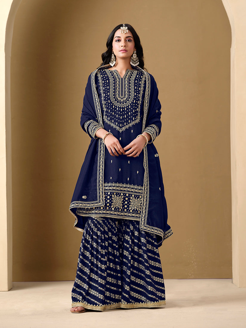 Navy blue Art Silk Dola Jacquard Designer Sharara Suit