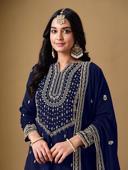 Navy blue Art Silk Dola Jacquard Designer Sharara Suit