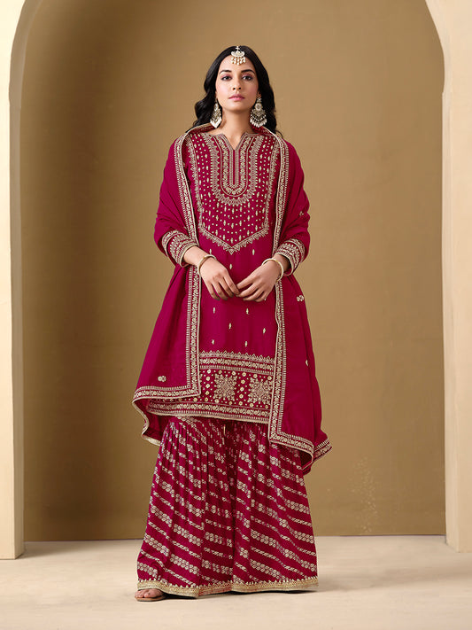Rani Pink Art Silk Dola Jacquard Designer Sharara Suit