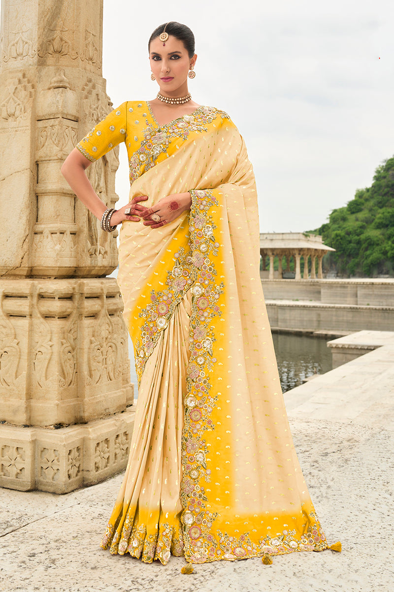 Cream Silk Cutwork Reception Wear Classic Saree