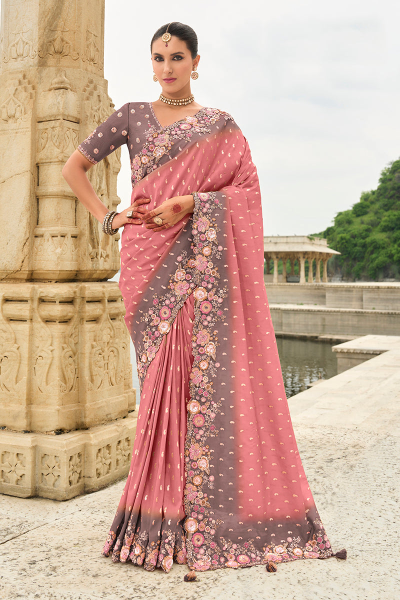 Pink Silk Cutwork Reception Wear Classic Saree