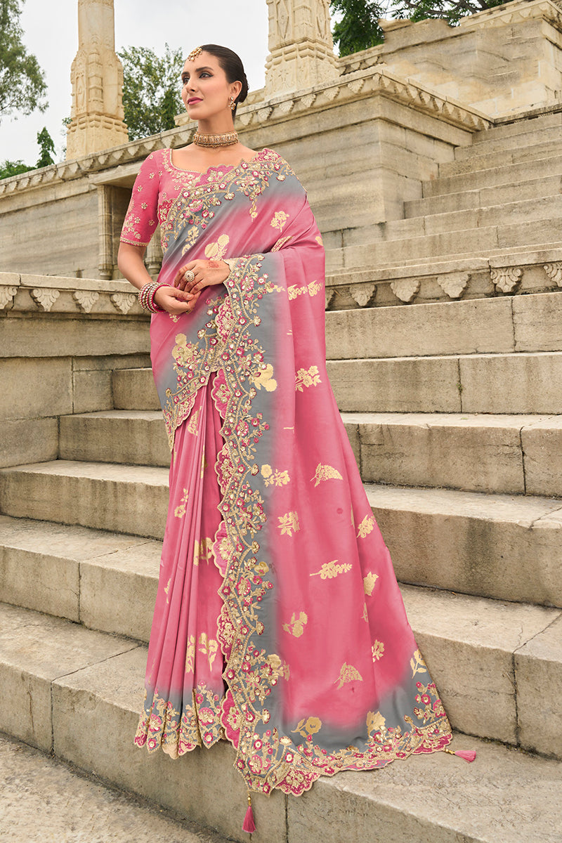 Pink Silk Embroidered Cutwork Reception Wear Classic Saree