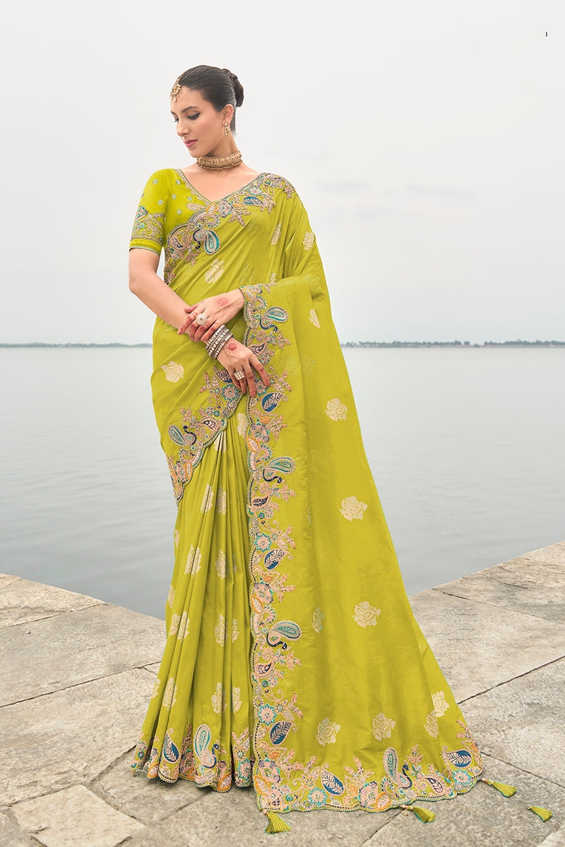 Parrot Green Silk Embroidered Cutwork Reception Wear Classic Saree