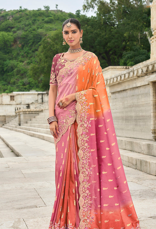 Multicolor Silk Embroidered Cutwork Reception Wear Classic Saree