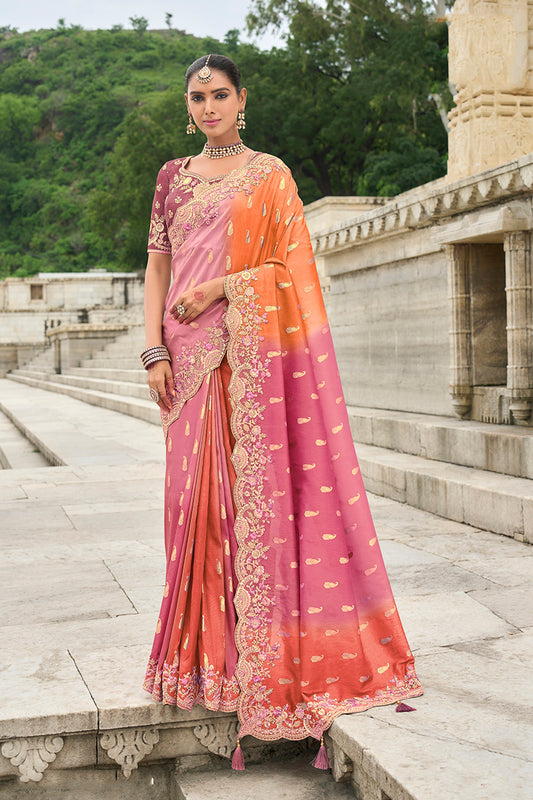 Multicolor Silk Embroidered Cutwork Reception Wear Classic Saree