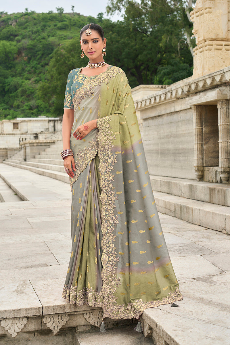 Green and Grey Silk Embroidered Cutwork Reception Wear Classic Saree