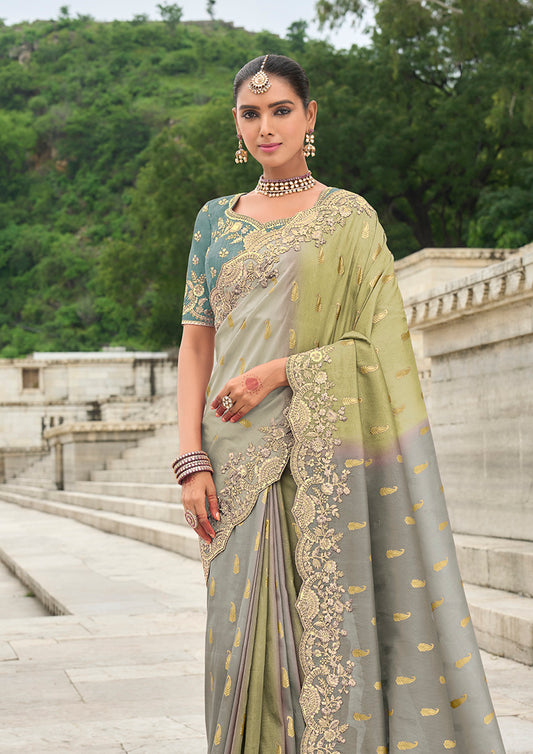 Green and Grey Silk Embroidered Cutwork Reception Wear Classic Saree