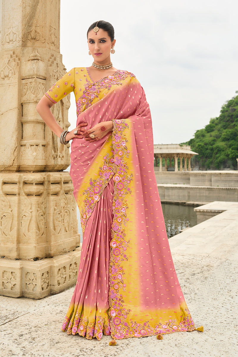 Pink Silk Embroidered Cutwork Reception Wear Classic Saree