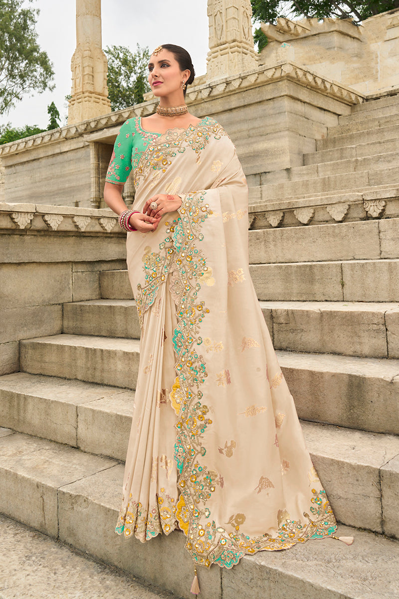 Off white Silk Embroidered Cutwork Reception Wear Classic Saree