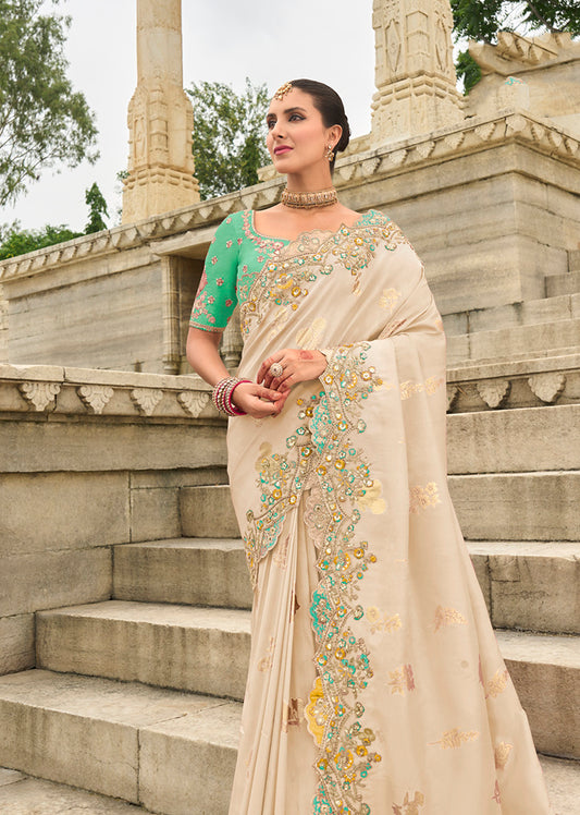 Off white Silk Embroidered Cutwork Reception Wear Classic Saree