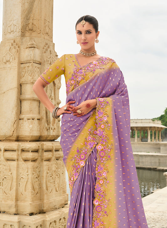 Lavender Silk Embroidered Cutwork Reception Wear Classic Saree