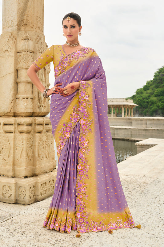 Lavender Silk Embroidered Cutwork Reception Wear Classic Saree