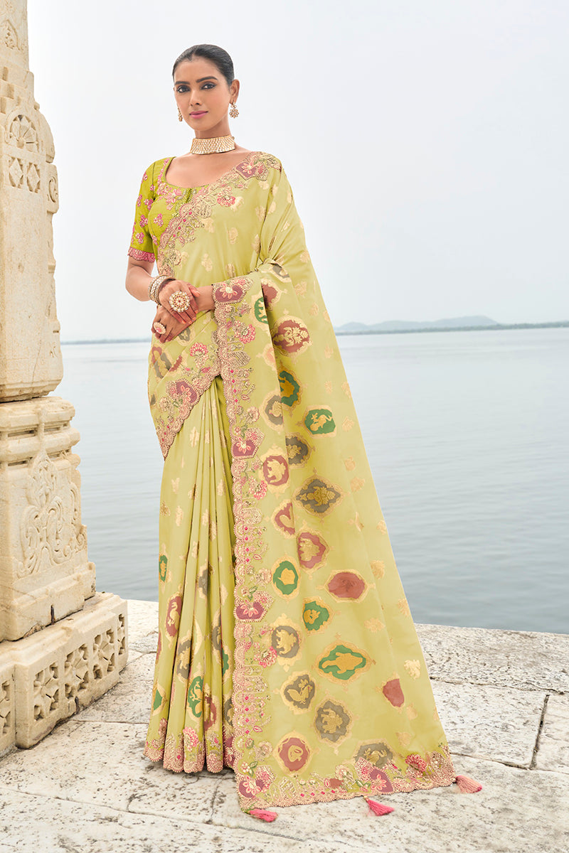 Pista Green Silk Embroidered Cutwork Reception Wear Classic Saree