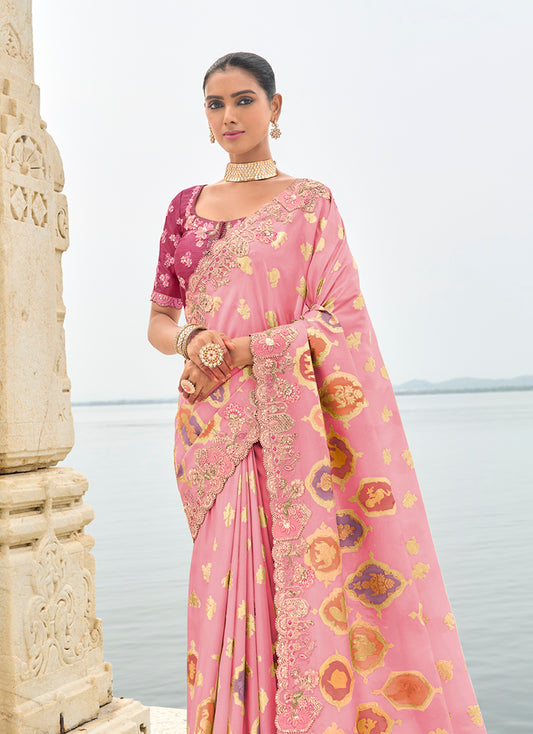 Light Pink Silk Embroidered Cutwork Reception Wear Classic Saree