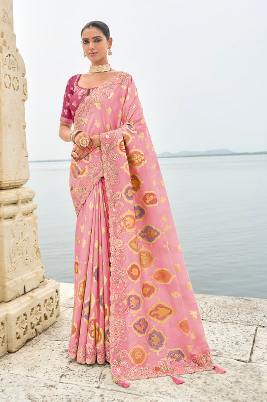 Light Pink Silk Embroidered Cutwork Reception Wear Classic Saree