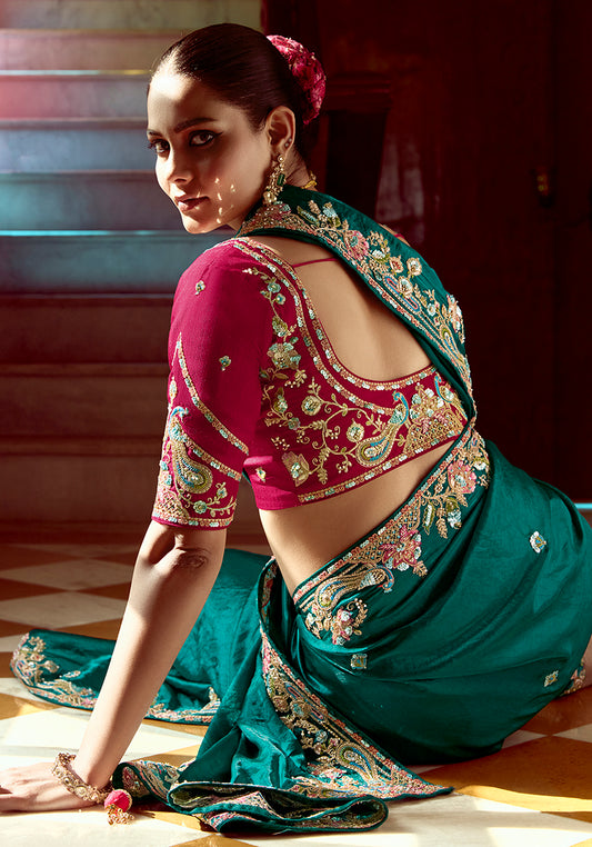 Teal Green Tissue Organza Silk Embroidered Saree