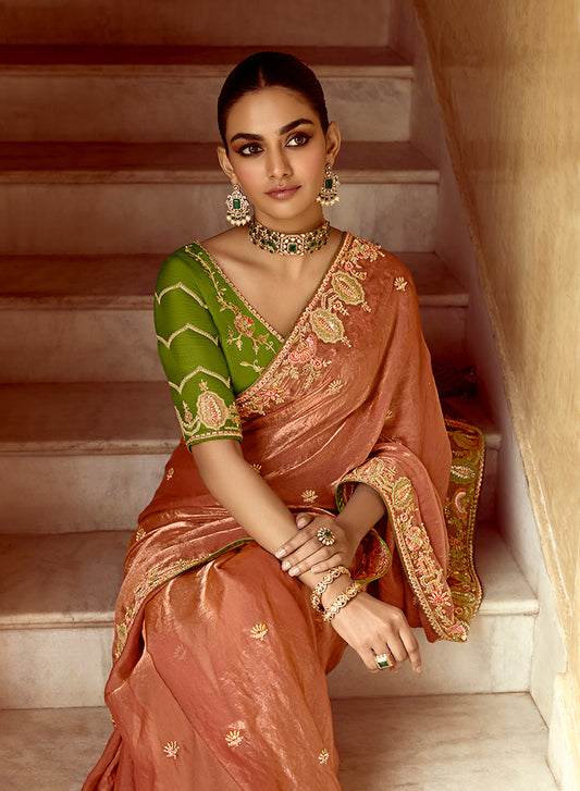 Light Orange Tissue Organza Silk Embroidered Saree