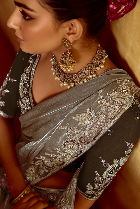 Gray Tissue Organza Silk Embroidered Saree