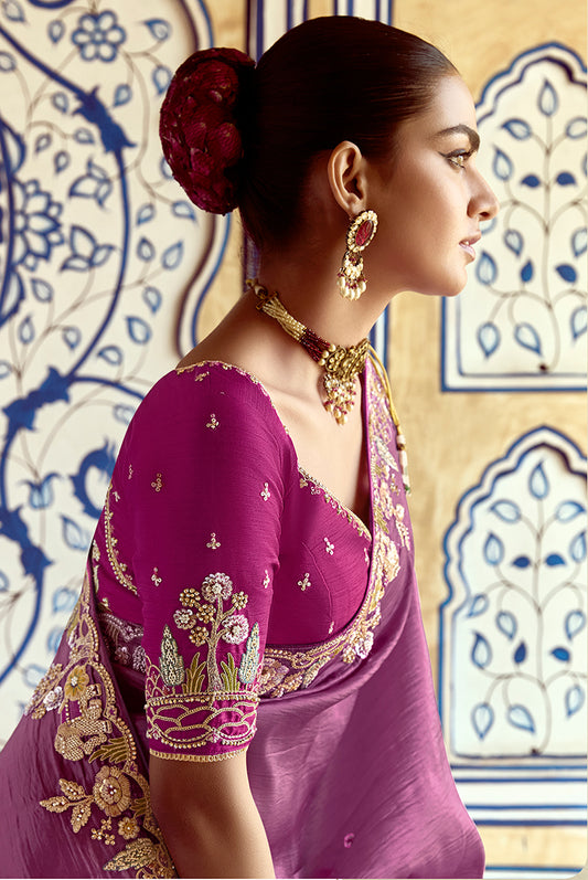 Purple Tissue Organza Silk Embroidered Saree