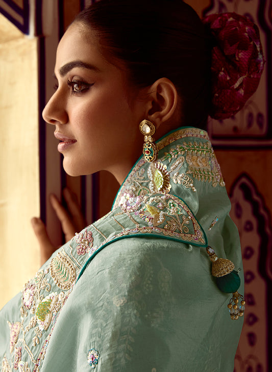Sea Green Tissue Organza Silk Embroidered Saree