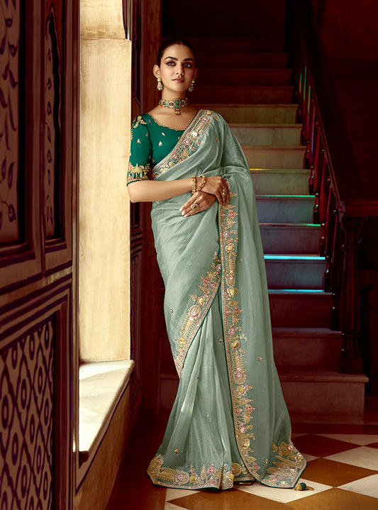 Sea Green Tissue Organza Silk Embroidered Saree