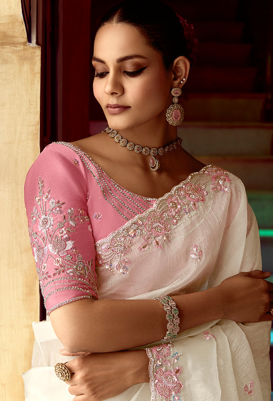 Off-White Tissue Organza Silk Embroidered Saree