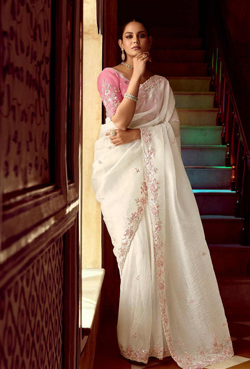 Off-White Tissue Organza Silk Embroidered Saree