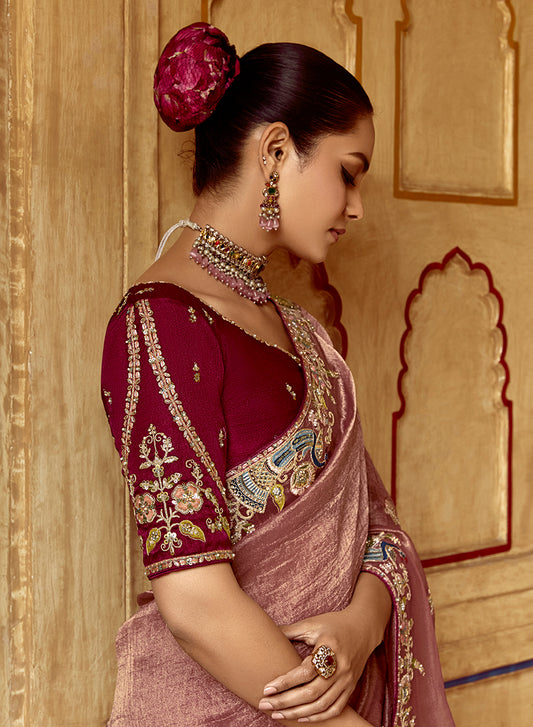 Mauve Tissue Organza Silk Embroidered Saree