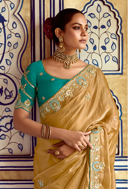 Light Mustard Tissue Organza Silk Embroidered Saree