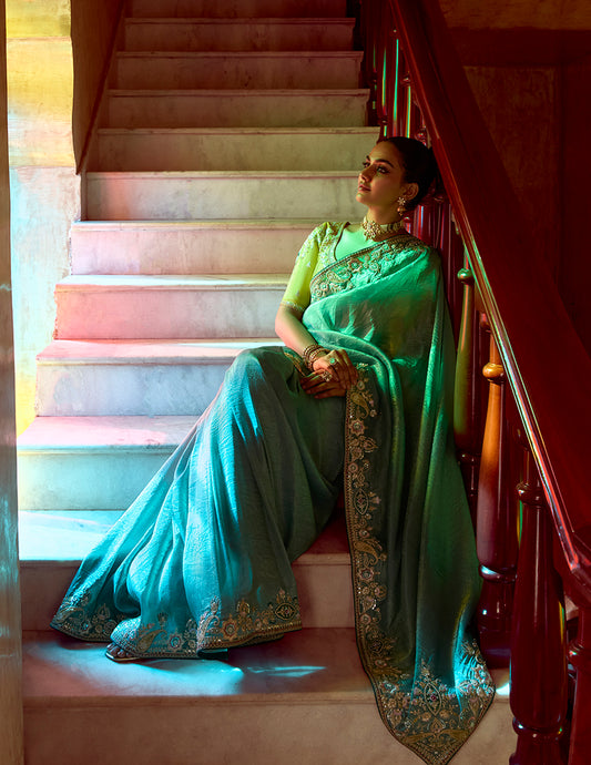 Light Teal Tissue Organza Silk Embroidered Saree