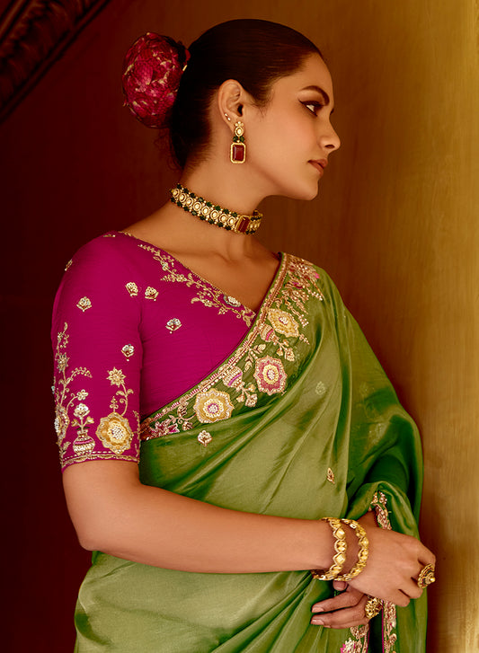 Olive Green Tissue Organza Silk Embroidered Saree