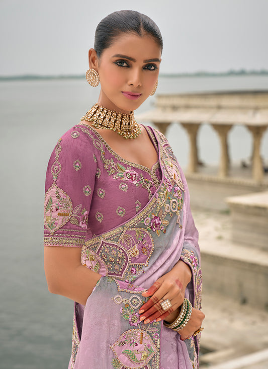 Lavender Banarasi Silk Embroidered with Heavy Patchwork Border Saree